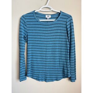 Old Navy Plush Rib Knit Long Sleeve Striped Pullover Top Blue Womens Size S Twee